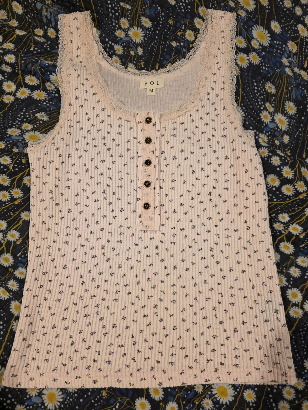 POL Pink Floral Ribbed Button Tank Top
